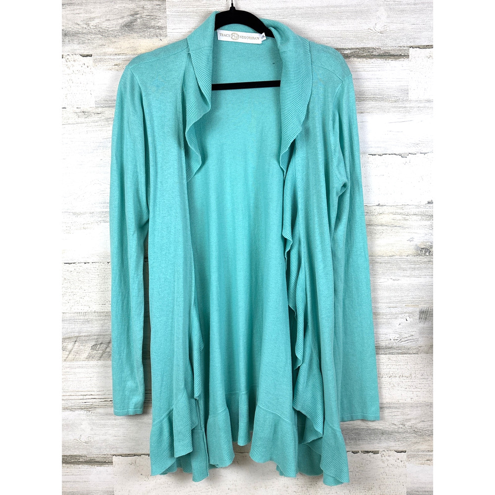 Tracy Negoshian Womens L XL Teal Silk Ruffle Open Front Cardigan Sweater Luxe